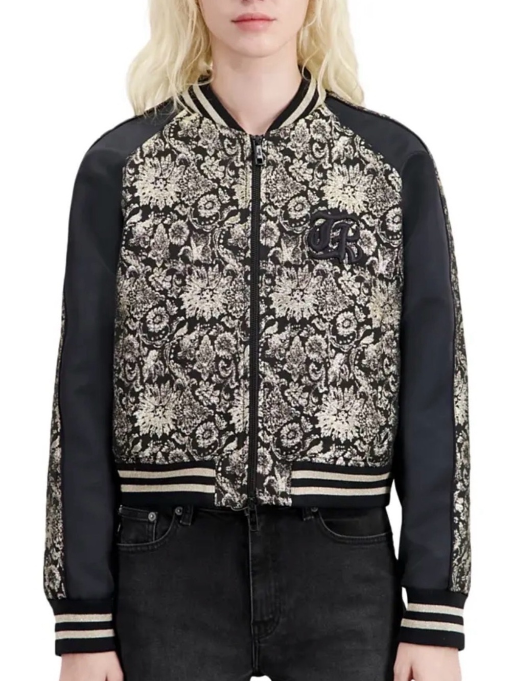 The Kooples Embroidered Black and Cream Floral Jacquard Bomber Jacket